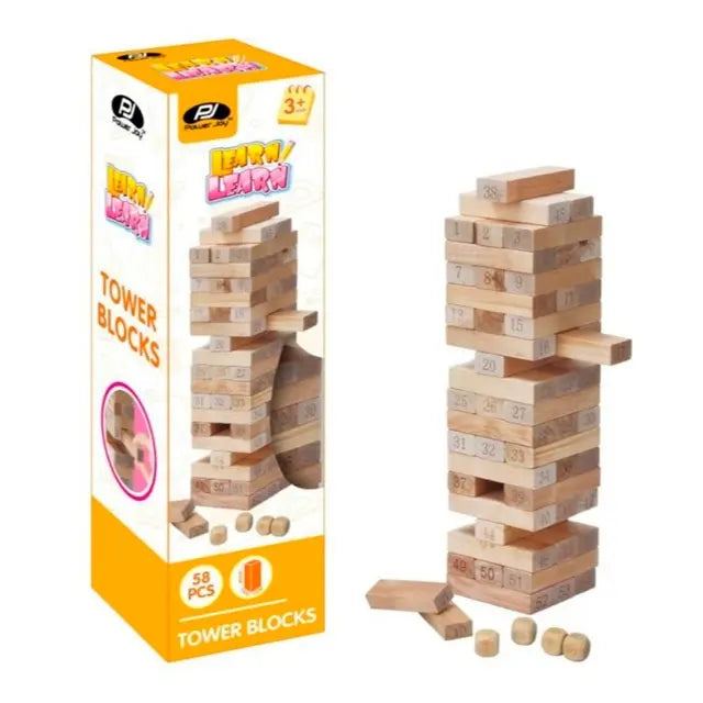 باور جوي - مكعبات بناء برج خشبي 54 قطعة - 4 نردات